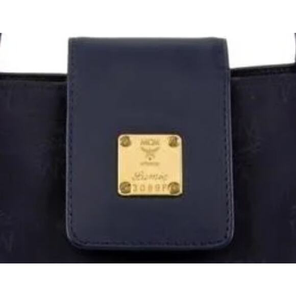 MCM Navy Blue Signature Jacquard and Leather Gold Hardware Satchel (MCXX161) - Picture 5 of 6